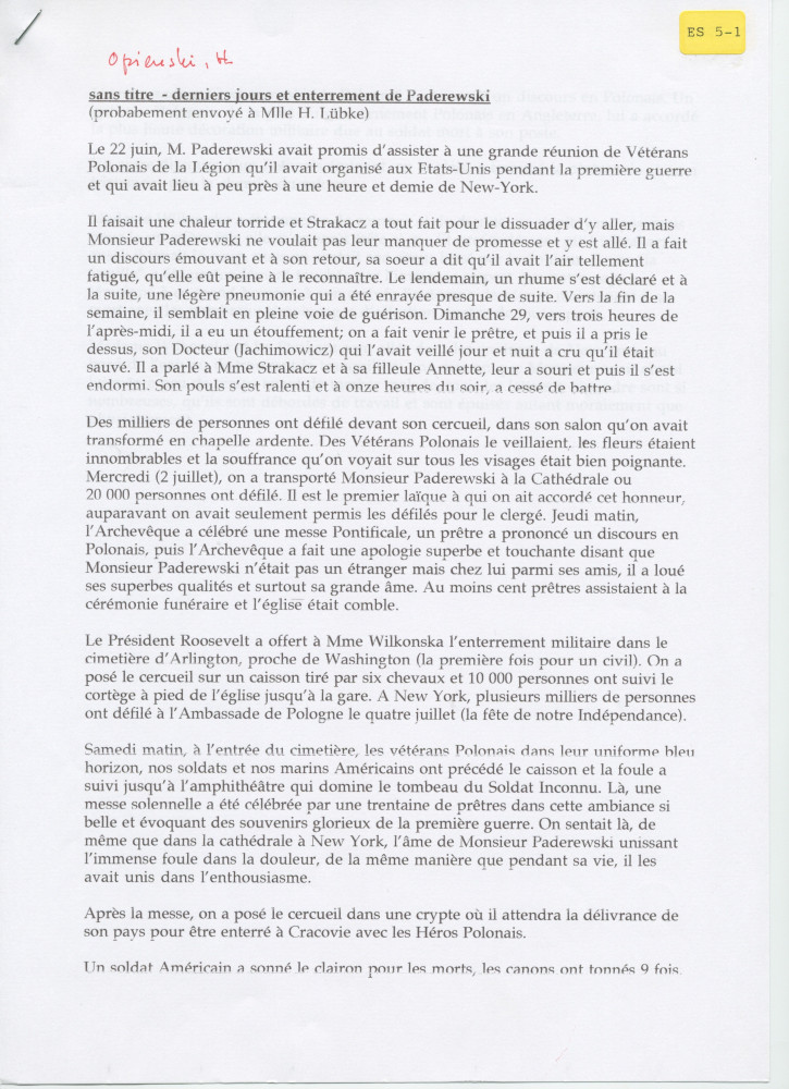 Récit d'Henryk Opienski des derniers jours et de l'enterrement de Paderewski, transmis par poste à Hélène Lübke, ancienne secrétaire d'Hélène Paderewska, en août 1941 – Copie carbone dactylographiée avec corrections et enveloppe – Saisie informatique