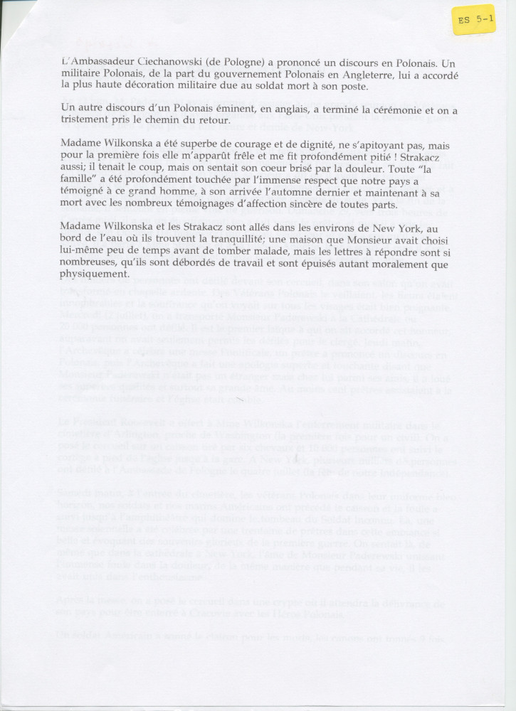 Récit d'Henryk Opienski des derniers jours et de l'enterrement de Paderewski, transmis par poste à Hélène Lübke, ancienne secrétaire d'Hélène Paderewska, en août 1941 – Copie carbone dactylographiée avec corrections et enveloppe – Saisie informatique
