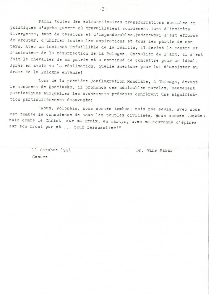 «Deux grands patriotes polonais: Chopin et Paderewski» – Texte dactylographié écrit à Genève le 11 octobre 1991 par le Dr Vahé Pakar