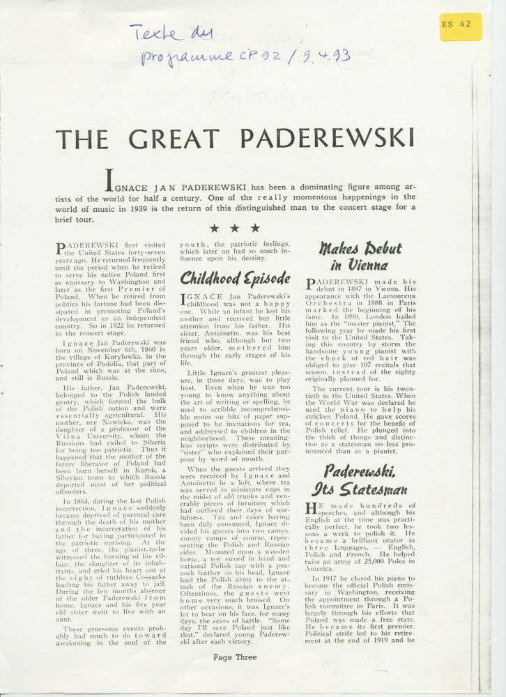 «The Great Paderewski» – Biographie détaillée (mais non signée) publiée dans le programme du récital donné par Paderewski le 9 avril 1939 au Civic Auditorium de San Francisco, accompagnée d'impressions du chef américain Walter Damrosch