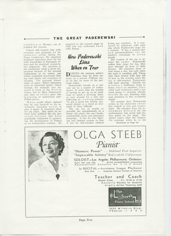 «The Great Paderewski» – Biographie détaillée (mais non signée) publiée dans le programme du récital donné par Paderewski le 9 avril 1939 au Civic Auditorium de San Francisco, accompagnée d'impressions du chef américain Walter Damrosch