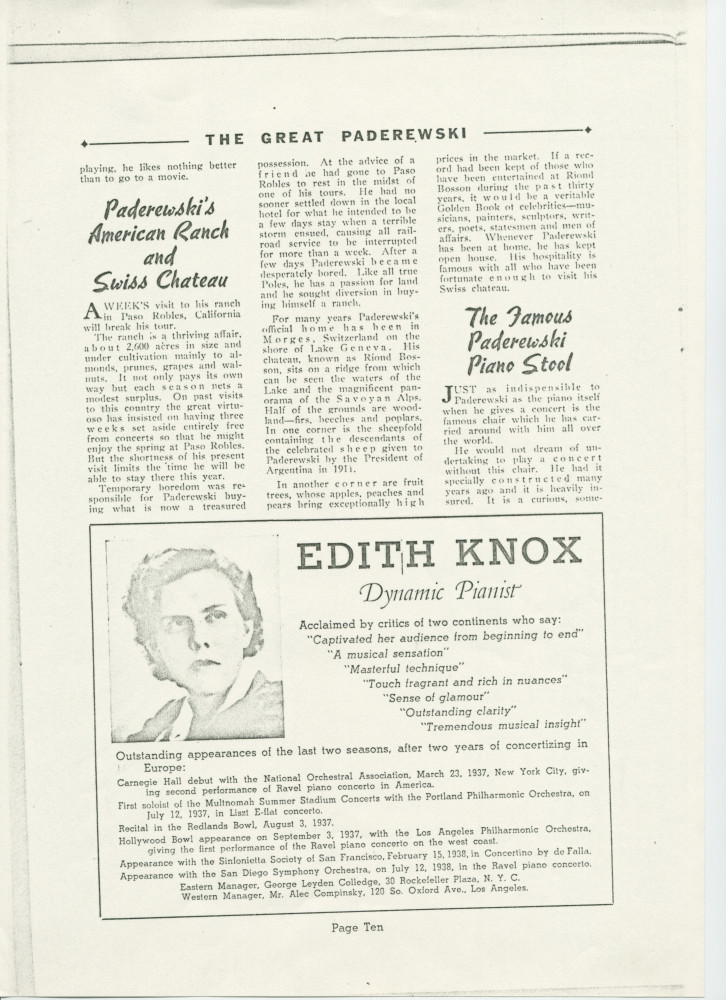 «The Great Paderewski» – Biographie détaillée (mais non signée) publiée dans le programme du récital donné par Paderewski le 9 avril 1939 au Civic Auditorium de San Francisco, accompagnée d'impressions du chef américain Walter Damrosch