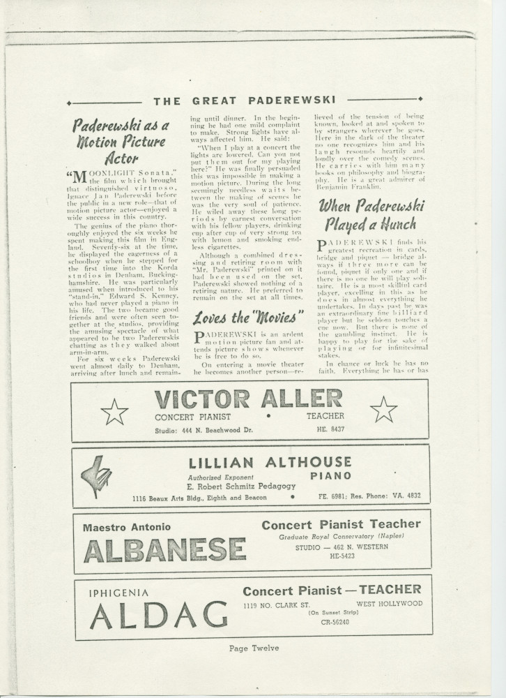 «The Great Paderewski» – Biographie détaillée (mais non signée) publiée dans le programme du récital donné par Paderewski le 9 avril 1939 au Civic Auditorium de San Francisco, accompagnée d'impressions du chef américain Walter Damrosch