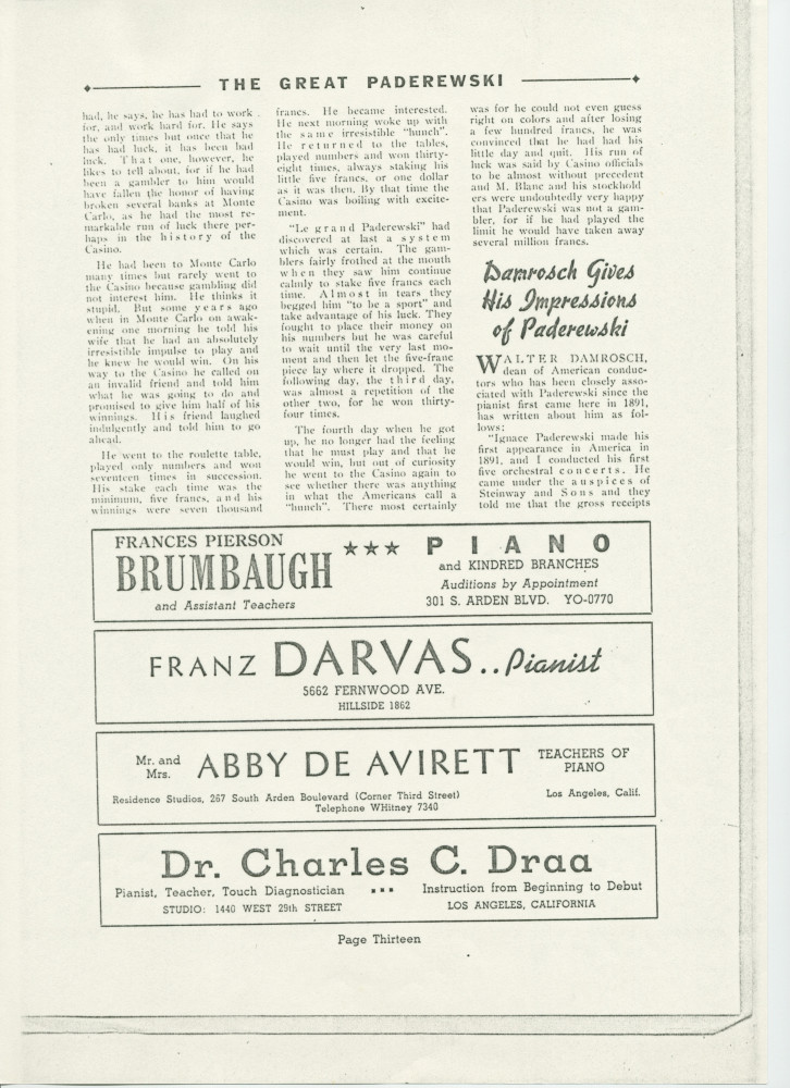 «The Great Paderewski» – Biographie détaillée (mais non signée) publiée dans le programme du récital donné par Paderewski le 9 avril 1939 au Civic Auditorium de San Francisco, accompagnée d'impressions du chef américain Walter Damrosch