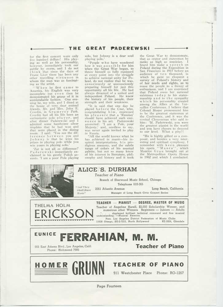 «The Great Paderewski» – Biographie détaillée (mais non signée) publiée dans le programme du récital donné par Paderewski le 9 avril 1939 au Civic Auditorium de San Francisco, accompagnée d'impressions du chef américain Walter Damrosch