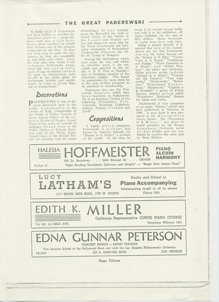 «The Great Paderewski» – Biographie détaillée (mais non signée) publiée dans le programme du récital donné par Paderewski le 9 avril 1939 au Civic Auditorium de San Francisco, accompagnée d'impressions du chef américain Walter Damrosch