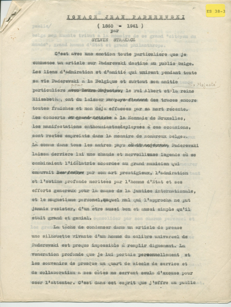 Biographie dactylographiée (corrigée à la main) de Paderewski rédigée peu après sa mort par Sylwin Strakacz (son secrétaire et consul général de la République de Pologne à Genève puis à New York) «destinée au public belge» et probablement publiée