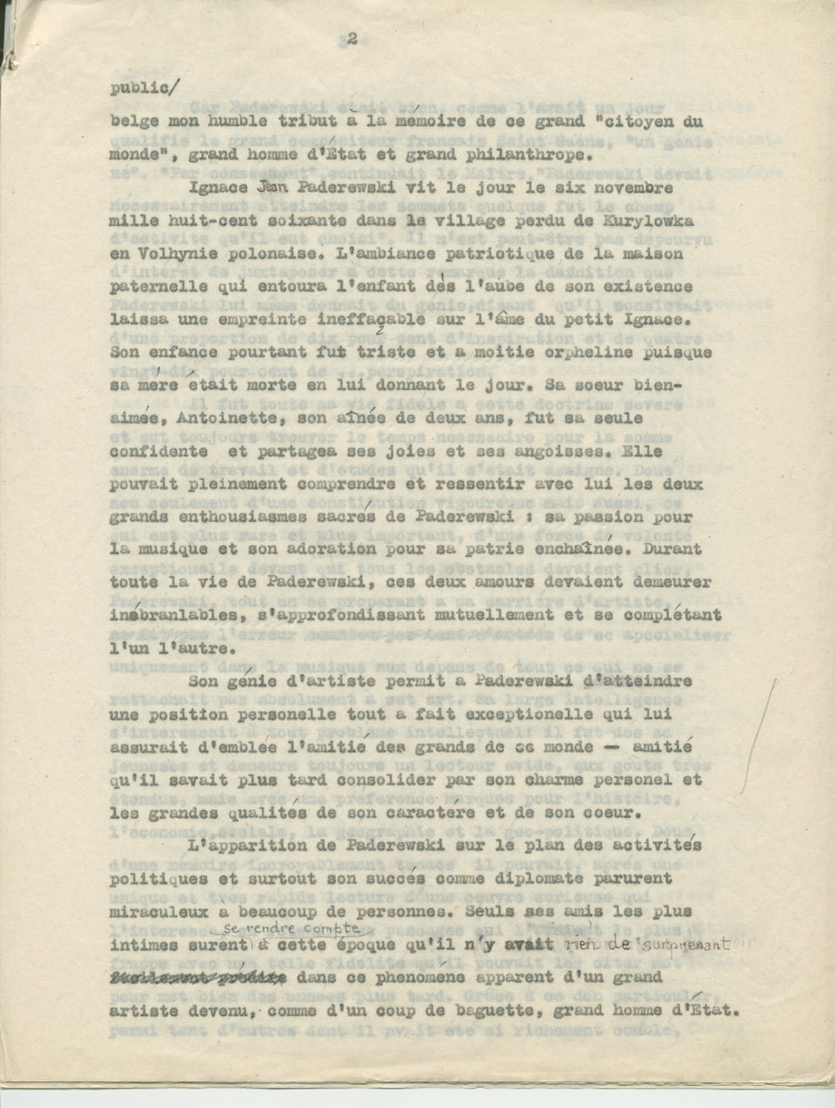 Biographie dactylographiée (corrigée à la main) de Paderewski rédigée peu après sa mort par Sylwin Strakacz (son secrétaire et consul général de la République de Pologne à Genève puis à New York) «destinée au public belge» et probablement publiée