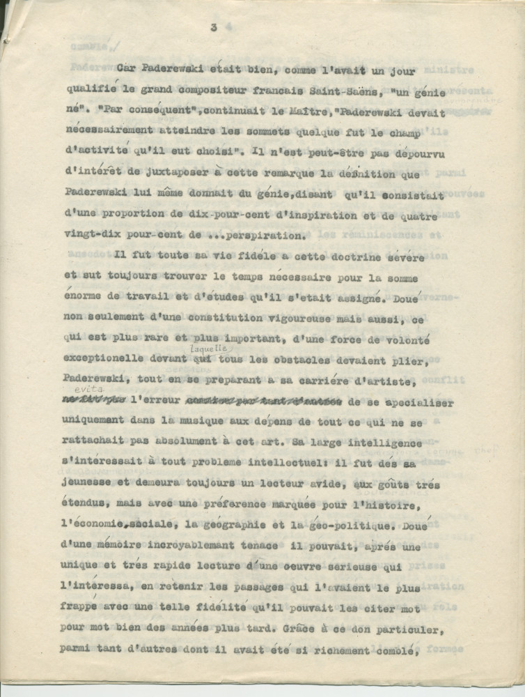 Biographie dactylographiée (corrigée à la main) de Paderewski rédigée peu après sa mort par Sylwin Strakacz (son secrétaire et consul général de la République de Pologne à Genève puis à New York) «destinée au public belge» et probablement publiée