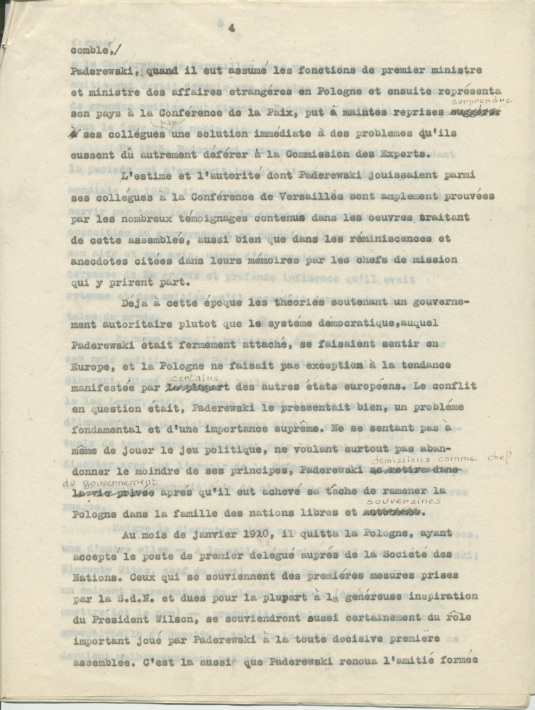 Biographie dactylographiée (corrigée à la main) de Paderewski rédigée peu après sa mort par Sylwin Strakacz (son secrétaire et consul général de la République de Pologne à Genève puis à New York) «destinée au public belge» et probablement publiée