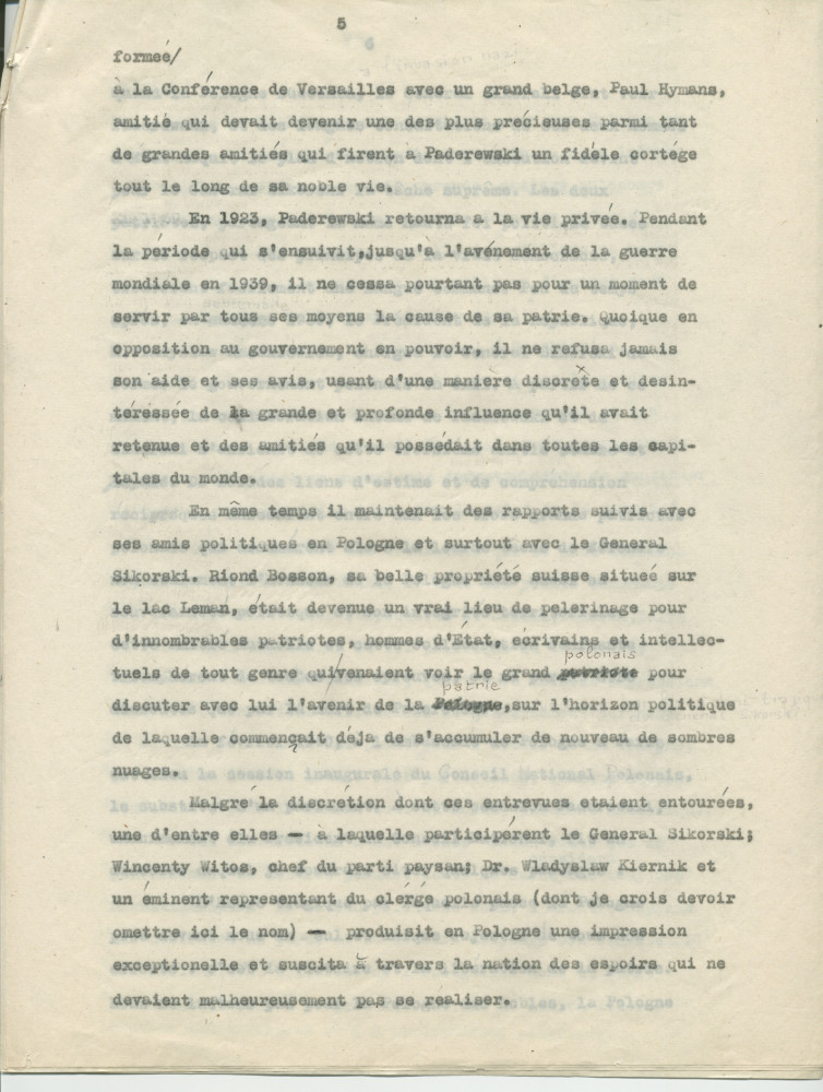 Biographie dactylographiée (corrigée à la main) de Paderewski rédigée peu après sa mort par Sylwin Strakacz (son secrétaire et consul général de la République de Pologne à Genève puis à New York) «destinée au public belge» et probablement publiée