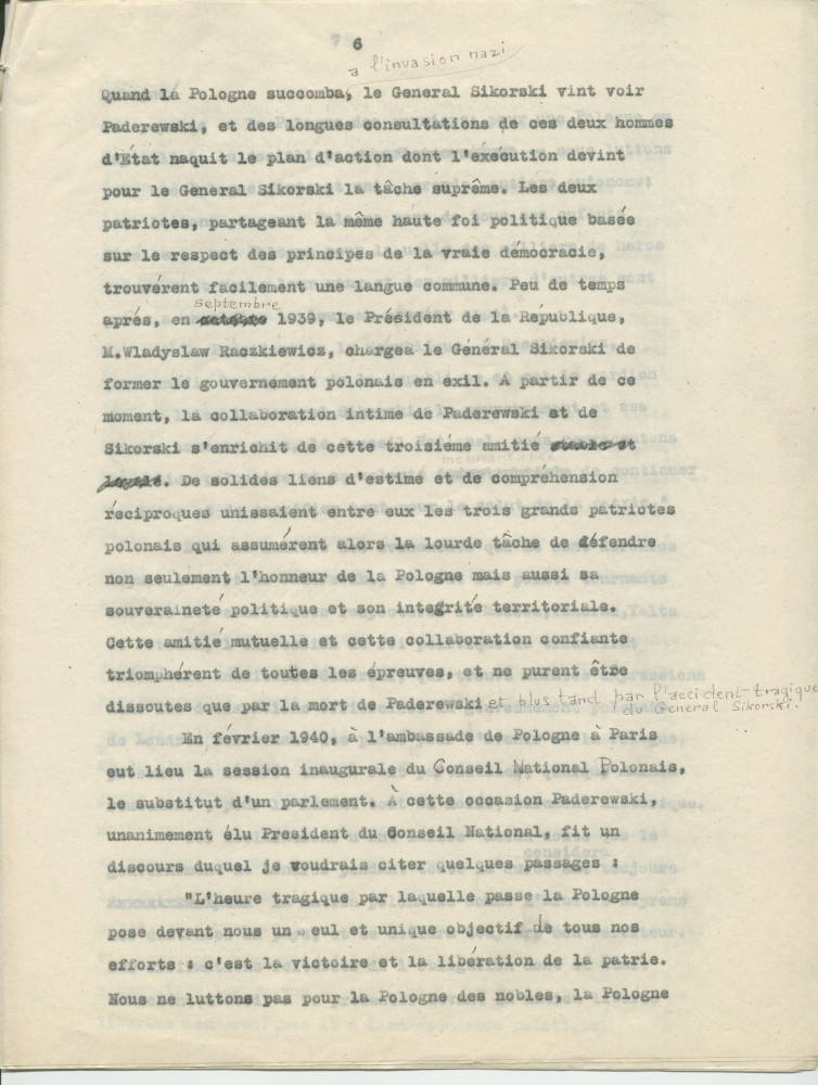 Biographie dactylographiée (corrigée à la main) de Paderewski rédigée peu après sa mort par Sylwin Strakacz (son secrétaire et consul général de la République de Pologne à Genève puis à New York) «destinée au public belge» et probablement publiée