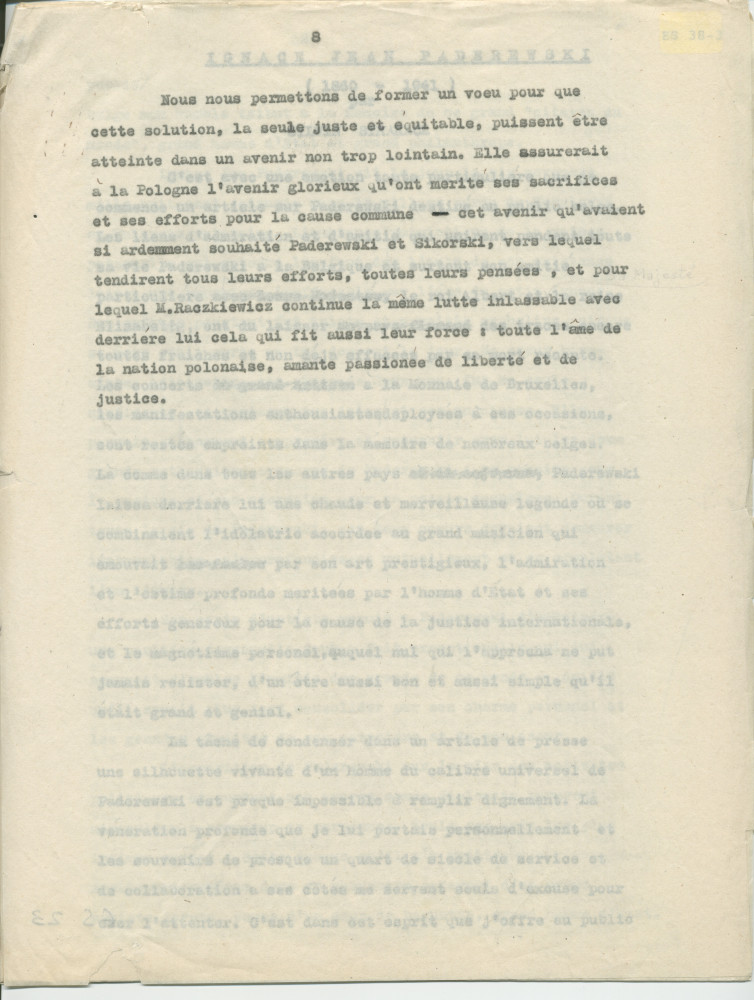 Biographie dactylographiée (corrigée à la main) de Paderewski rédigée peu après sa mort par Sylwin Strakacz (son secrétaire et consul général de la République de Pologne à Genève puis à New York) «destinée au public belge» et probablement publiée