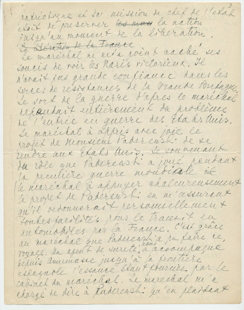 Récit manuscrit (avec saisie dactylographiée) de Sylwin Strakacz rédigé probablement en 1945 à destination de la Haute cour de justice (de France?), pour «justifier» ses démarches auprès du maréchal Pétain en juin 1940 à la demande de Paderewski