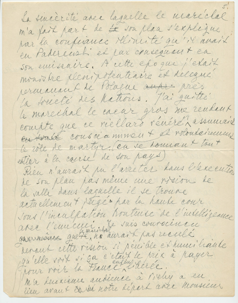 Récit manuscrit (avec saisie dactylographiée) de Sylwin Strakacz rédigé probablement en 1945 à destination de la Haute cour de justice (de France?), pour «justifier» ses démarches auprès du maréchal Pétain en juin 1940 à la demande de Paderewski