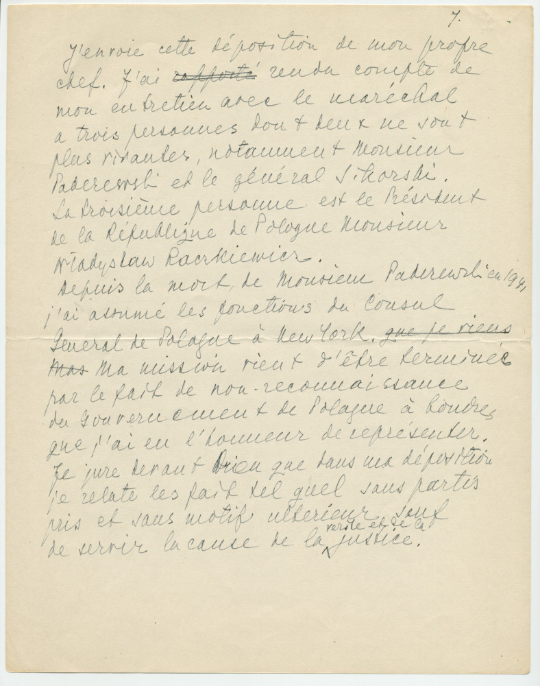 Récit manuscrit (avec saisie dactylographiée) de Sylwin Strakacz rédigé probablement en 1945 à destination de la Haute cour de justice (de France?), pour «justifier» ses démarches auprès du maréchal Pétain en juin 1940 à la demande de Paderewski