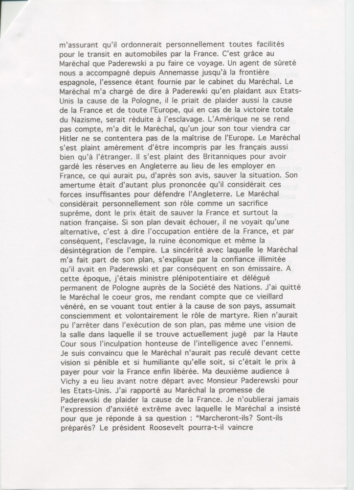 Récit manuscrit (avec saisie dactylographiée) de Sylwin Strakacz rédigé probablement en 1945 à destination de la Haute cour de justice (de France?), pour «justifier» ses démarches auprès du maréchal Pétain en juin 1940 à la demande de Paderewski