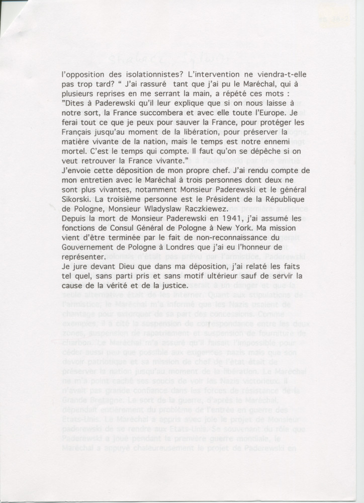 Récit manuscrit (avec saisie dactylographiée) de Sylwin Strakacz rédigé probablement en 1945 à destination de la Haute cour de justice (de France?), pour «justifier» ses démarches auprès du maréchal Pétain en juin 1940 à la demande de Paderewski