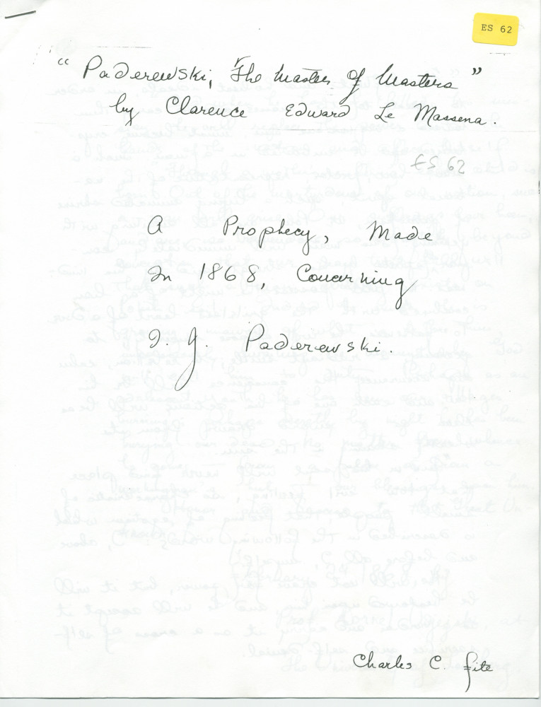 «A prophecy, made in 1868, concerning I. J. Paderewski» [une prophétie concernant Paderewski faite (le 29 février) 1868 (par le Prof. Kornel Ujejski de l'Université de Lemberg)