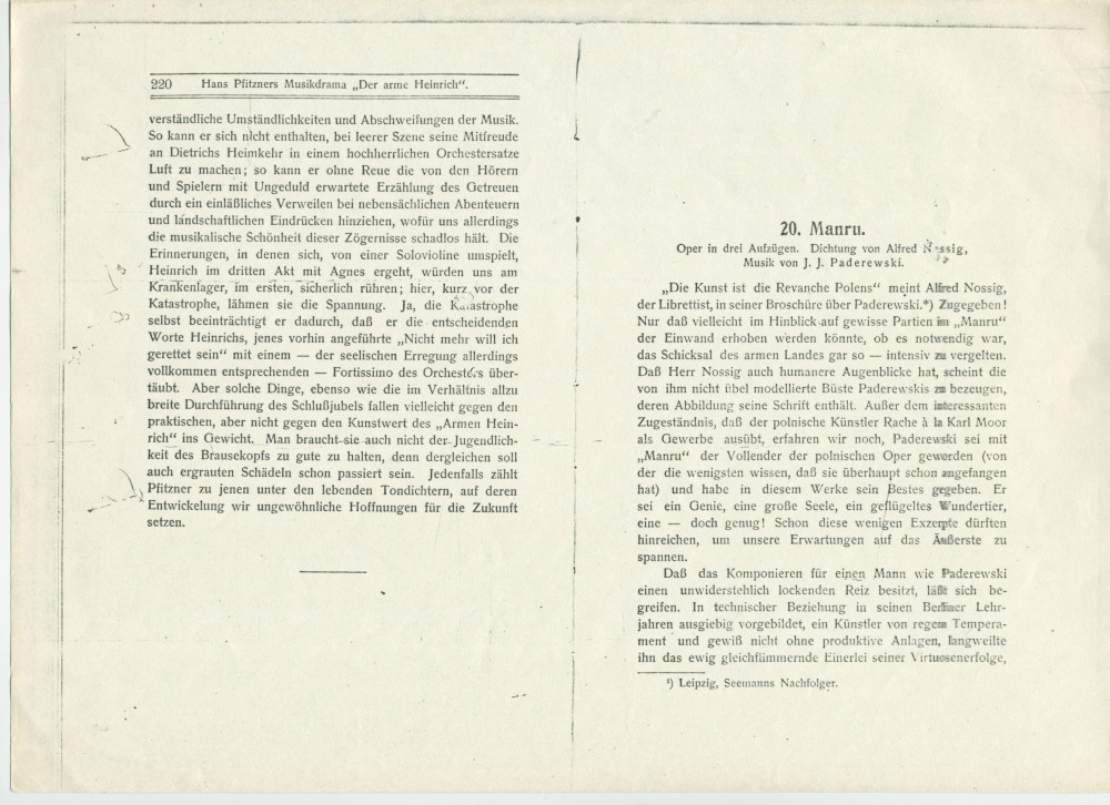 «Manru» – Chapitre 20 du livre «Kranz. Gesammelte Blätter über Musik» [sélection de papiers sur la musique] publié en 1903 chez Lauterbach & Kuhn à Leipzig par le musicologue, critique et librettiste autrichien Richard Batka