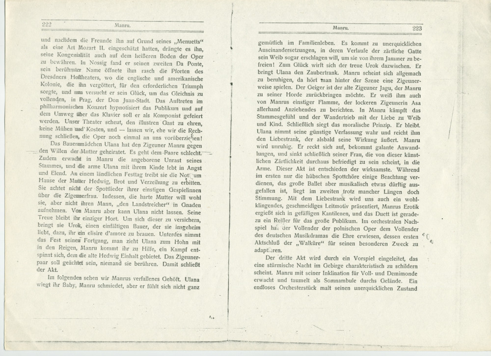 «Manru» – Chapitre 20 du livre «Kranz. Gesammelte Blätter über Musik» [sélection de papiers sur la musique] publié en 1903 chez Lauterbach & Kuhn à Leipzig par le musicologue, critique et librettiste autrichien Richard Batka