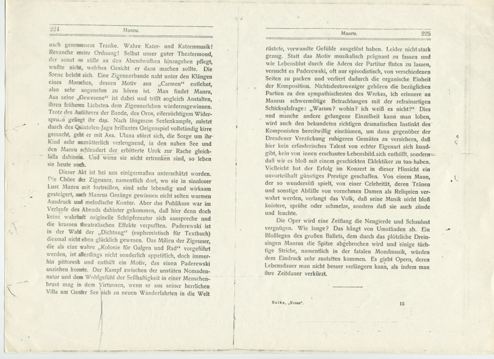«Manru» – Chapitre 20 du livre «Kranz. Gesammelte Blätter über Musik» [sélection de papiers sur la musique] publié en 1903 chez Lauterbach & Kuhn à Leipzig par le musicologue, critique et librettiste autrichien Richard Batka