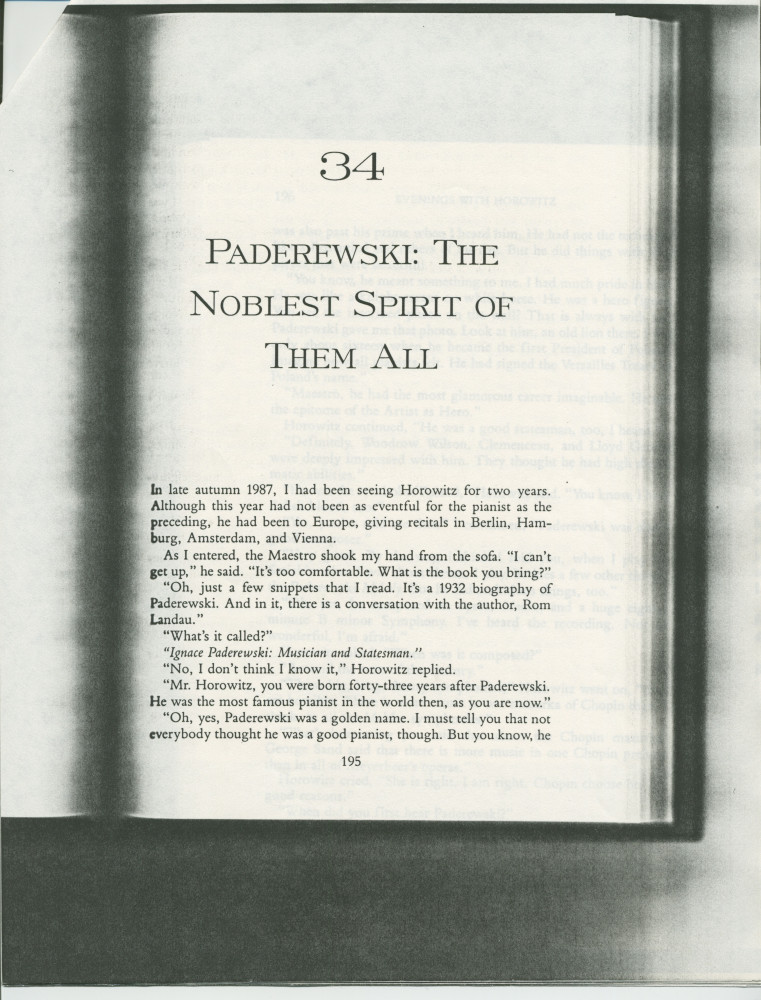 «Paderewski: The Noblest Spirit of Them All» [Le plus noble esprit parmi tous] – Chapitre 34 du livre «Evenings With Horowitz – A Personal Portrait» [Soirées avec Horowitz – Un portrait personnel] de David Dubal, publié en 1991 à New York chez Birch Lane