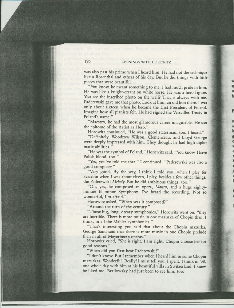 «Paderewski: The Noblest Spirit of Them All» [Le plus noble esprit parmi tous] – Chapitre 34 du livre «Evenings With Horowitz – A Personal Portrait» [Soirées avec Horowitz – Un portrait personnel] de David Dubal, publié en 1991 à New York chez Birch Lane