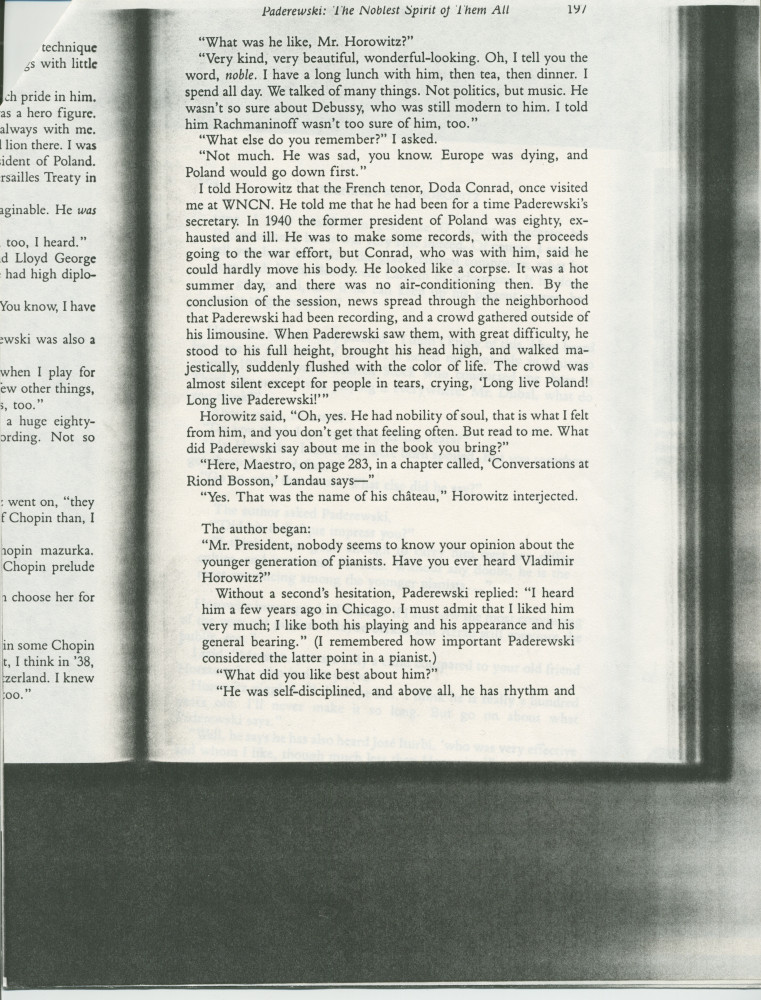 «Paderewski: The Noblest Spirit of Them All» [Le plus noble esprit parmi tous] – Chapitre 34 du livre «Evenings With Horowitz – A Personal Portrait» [Soirées avec Horowitz – Un portrait personnel] de David Dubal, publié en 1991 à New York chez Birch Lane