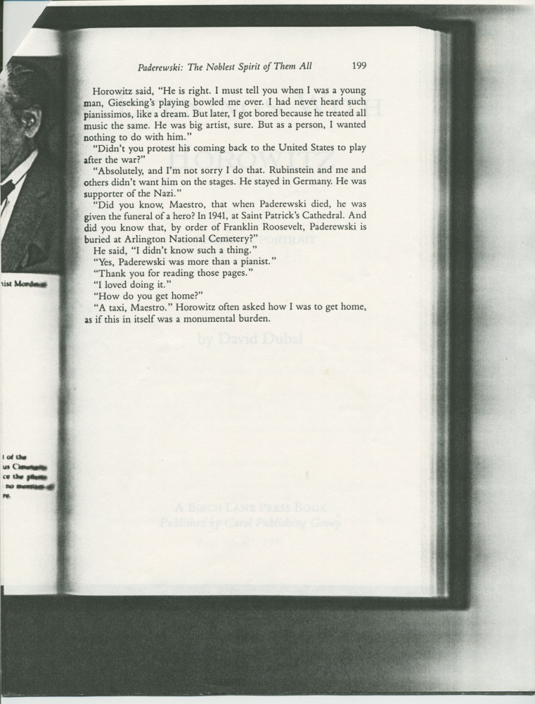 «Paderewski: The Noblest Spirit of Them All» [Le plus noble esprit parmi tous] – Chapitre 34 du livre «Evenings With Horowitz – A Personal Portrait» [Soirées avec Horowitz – Un portrait personnel] de David Dubal, publié en 1991 à New York chez Birch Lane