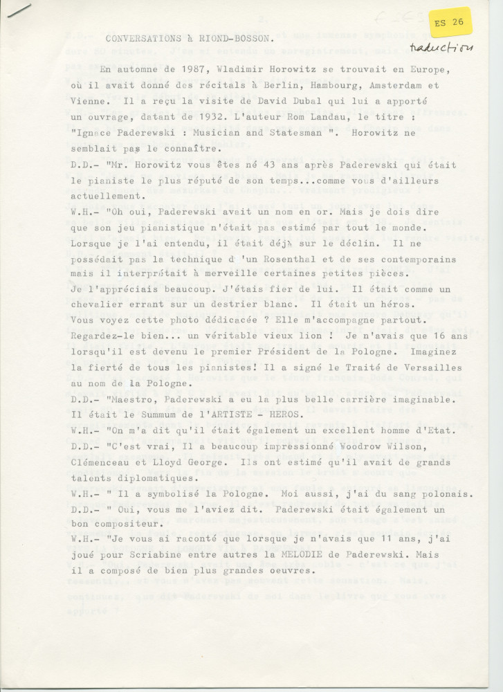 «Paderewski: The Noblest Spirit of Them All» [Le plus noble esprit parmi tous] – Chapitre 34 du livre «Evenings With Horowitz – A Personal Portrait» [Soirées avec Horowitz – Un portrait personnel] de David Dubal, publié en 1991 à New York chez Birch Lane