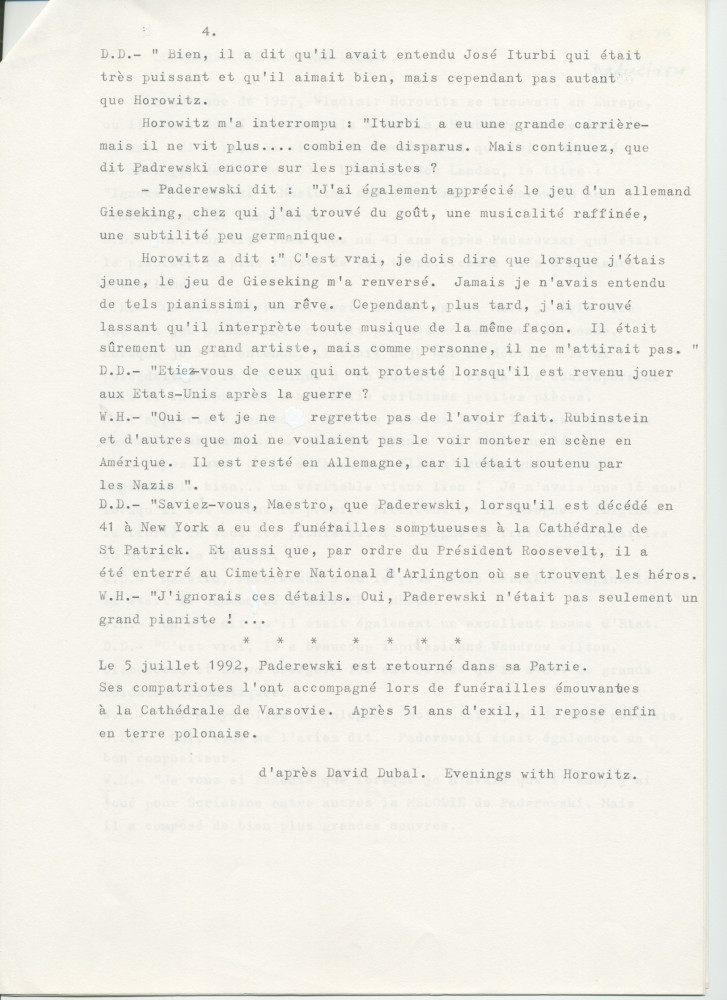 «Paderewski: The Noblest Spirit of Them All» [Le plus noble esprit parmi tous] – Chapitre 34 du livre «Evenings With Horowitz – A Personal Portrait» [Soirées avec Horowitz – Un portrait personnel] de David Dubal, publié en 1991 à New York chez Birch Lane