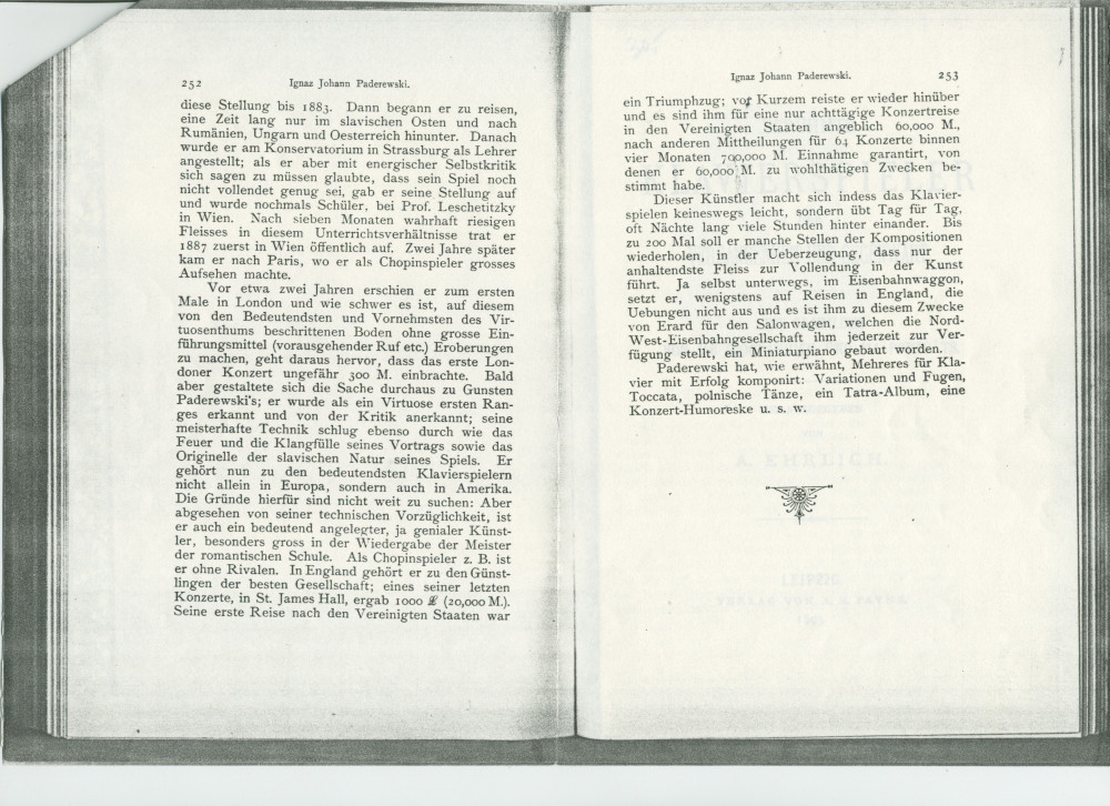 Portrait en allemand de Paderewski paru dans «Berühmte Klavierspieler der Vergangenheit und Gegenwart. Eine Sammlung von 116 Biographien und 114 Porträts» [Pianiste célèbres du passé et du présent. Une collection de 116 biographies et 114 portraits]