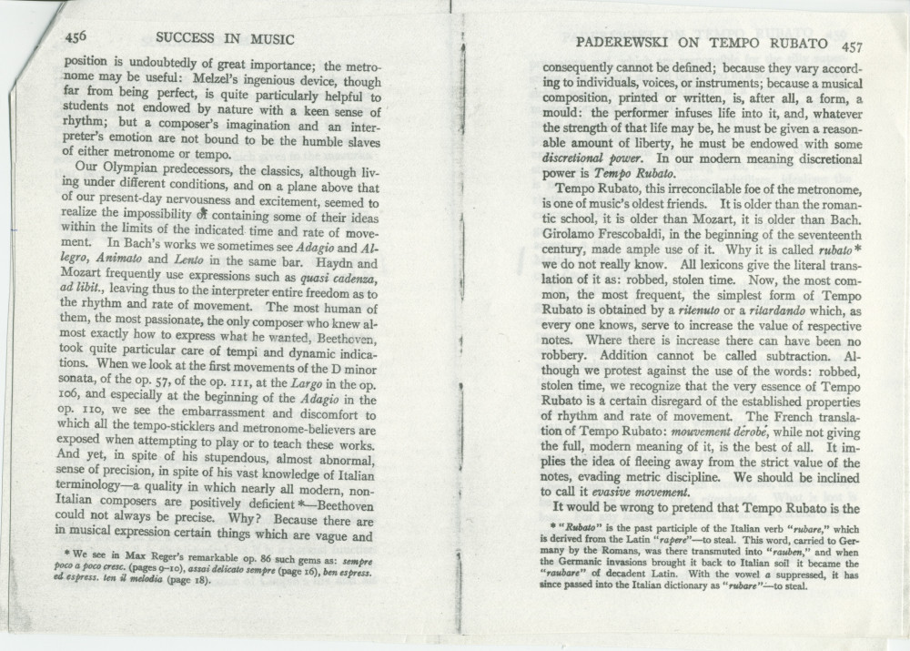 «Paderewski on tempo rubato» – Chapitre XXVIII du livre «Success in Music and How It Is Won» de Henry Theophilus Finck, publié à Londres en 1910, traitant notamment de l'interprétation de Chopin