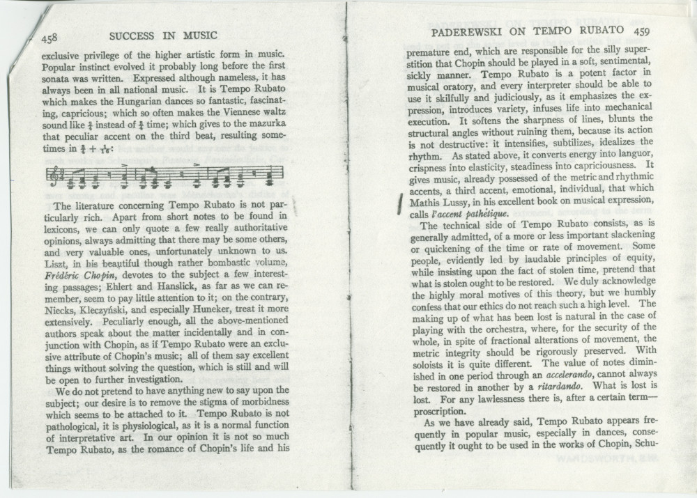 «Paderewski on tempo rubato» – Chapitre XXVIII du livre «Success in Music and How It Is Won» de Henry Theophilus Finck, publié à Londres en 1910, traitant notamment de l'interprétation de Chopin