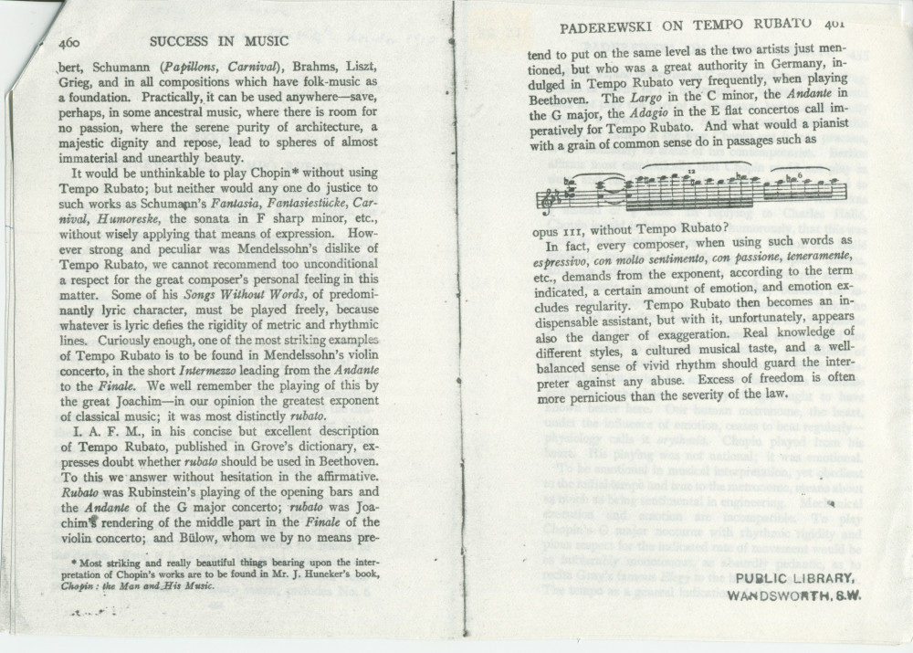 «Paderewski on tempo rubato» – Chapitre XXVIII du livre «Success in Music and How It Is Won» de Henry Theophilus Finck, publié à Londres en 1910, traitant notamment de l'interprétation de Chopin