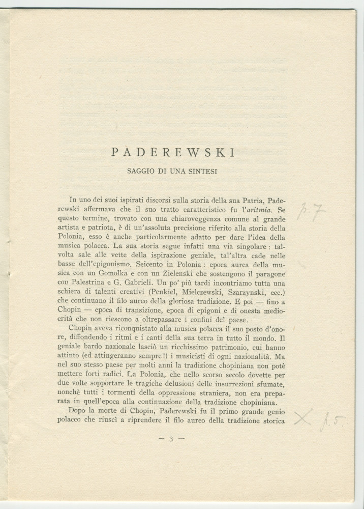 «Paderewski – saggio di una sintesi» [Essai d'une synthèse] – Brochure en italien de Matteo (ou Mateusz) Glinski (ou Hercenstein), tiré à part de «La Rassegna Musicale», éditée en 1941 chez Felice Le Monnier à Florence