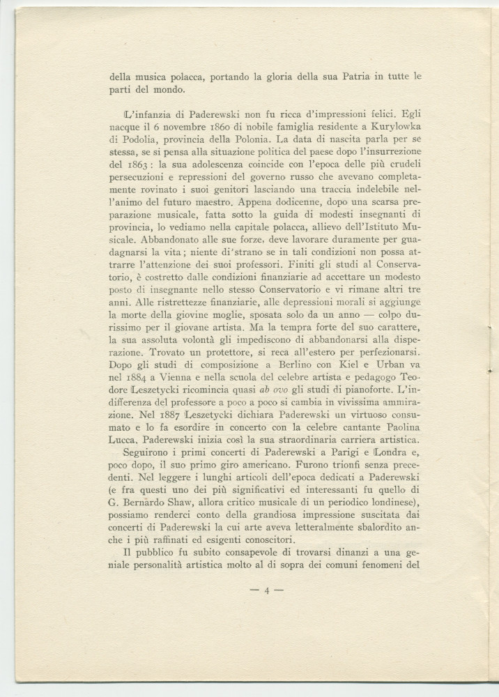 «Paderewski – saggio di una sintesi» [Essai d'une synthèse] – Brochure en italien de Matteo (ou Mateusz) Glinski (ou Hercenstein), tiré à part de «La Rassegna Musicale», éditée en 1941 chez Felice Le Monnier à Florence