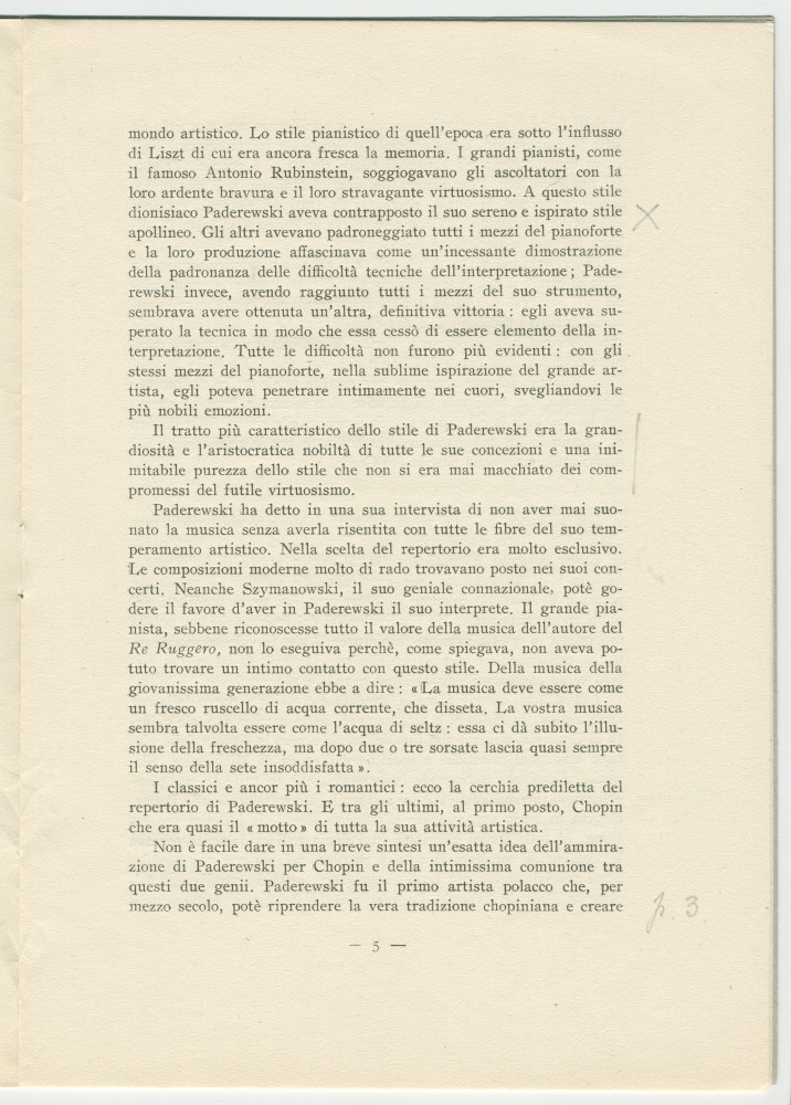 «Paderewski – saggio di una sintesi» [Essai d'une synthèse] – Brochure en italien de Matteo (ou Mateusz) Glinski (ou Hercenstein), tiré à part de «La Rassegna Musicale», éditée en 1941 chez Felice Le Monnier à Florence