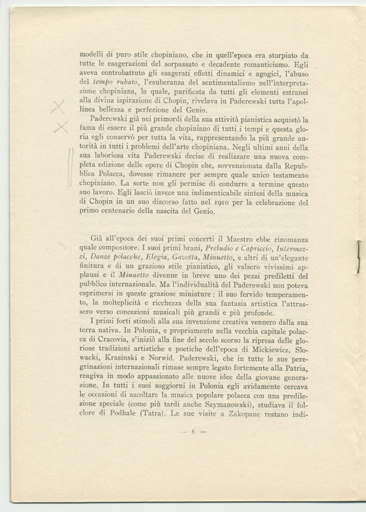 «Paderewski – saggio di una sintesi» [Essai d'une synthèse] – Brochure en italien de Matteo (ou Mateusz) Glinski (ou Hercenstein), tiré à part de «La Rassegna Musicale», éditée en 1941 chez Felice Le Monnier à Florence