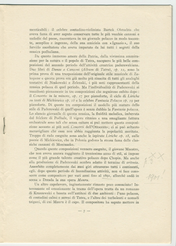 «Paderewski – saggio di una sintesi» [Essai d'une synthèse] – Brochure en italien de Matteo (ou Mateusz) Glinski (ou Hercenstein), tiré à part de «La Rassegna Musicale», éditée en 1941 chez Felice Le Monnier à Florence