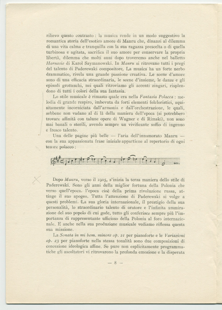 «Paderewski – saggio di una sintesi» [Essai d'une synthèse] – Brochure en italien de Matteo (ou Mateusz) Glinski (ou Hercenstein), tiré à part de «La Rassegna Musicale», éditée en 1941 chez Felice Le Monnier à Florence