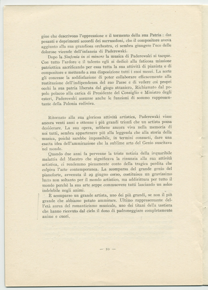 «Paderewski – saggio di una sintesi» [Essai d'une synthèse] – Brochure en italien de Matteo (ou Mateusz) Glinski (ou Hercenstein), tiré à part de «La Rassegna Musicale», éditée en 1941 chez Felice Le Monnier à Florence