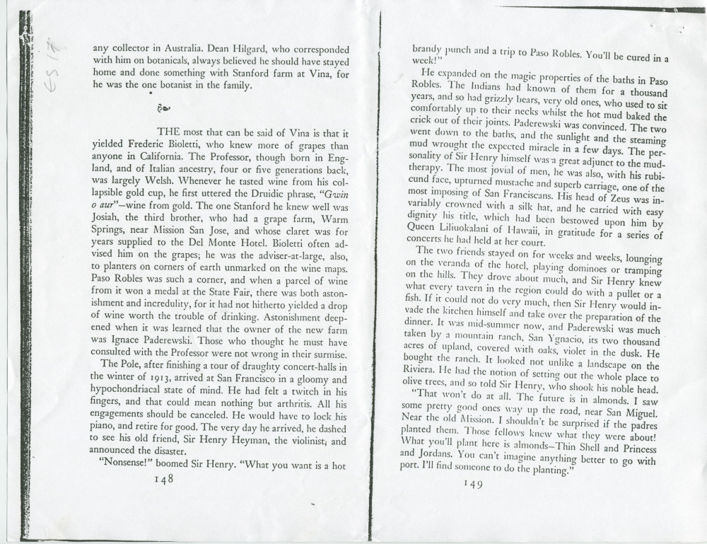 «Vines in the Sun – A Journey through the California Vineyards» – Livre du nouvelliste anglais Idwal Jones, illustré par Albert J. Camille, publié en 1949 à New York chez William Morrow & Company – Photocopie d'un extrait évoquant Paderewski et Paso Ro