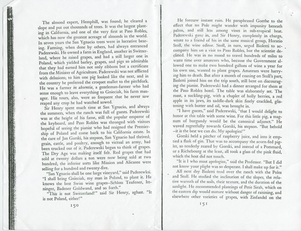 «Vines in the Sun – A Journey through the California Vineyards» – Livre du nouvelliste anglais Idwal Jones, illustré par Albert J. Camille, publié en 1949 à New York chez William Morrow & Company – Photocopie d'un extrait évoquant Paderewski et Paso Ro