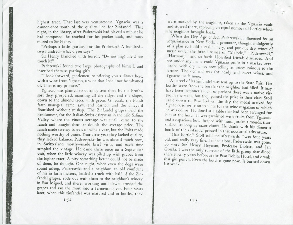 «Vines in the Sun – A Journey through the California Vineyards» – Livre du nouvelliste anglais Idwal Jones, illustré par Albert J. Camille, publié en 1949 à New York chez William Morrow & Company – Photocopie d'un extrait évoquant Paderewski et Paso Ro