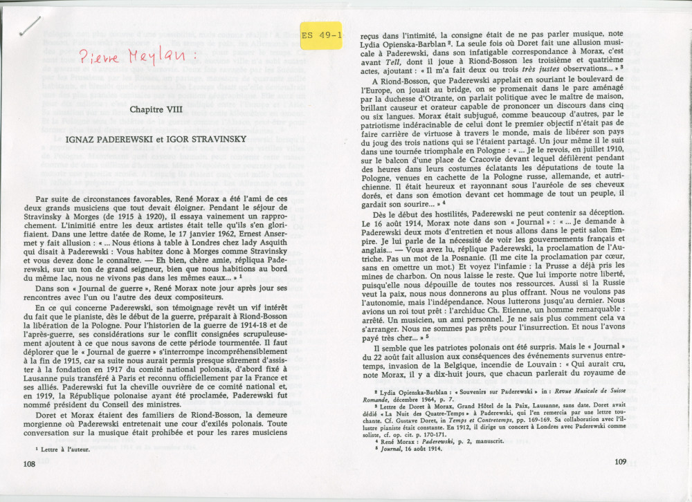 «Ignace Paderewski et Igor Stravinski» – Chapitre VIII du livre «René Morax et son temps» de Pierre Meylan, paru en 1973 aux Editions du Cervin