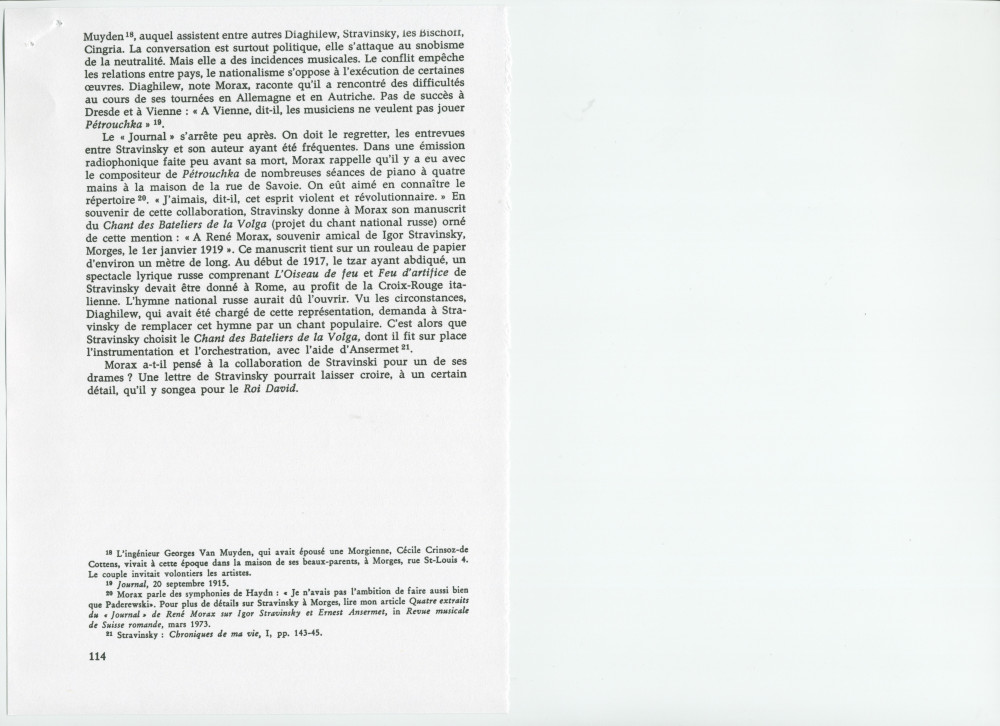 «Ignace Paderewski et Igor Stravinski» – Chapitre VIII du livre «René Morax et son temps» de Pierre Meylan, paru en 1973 aux Editions du Cervin