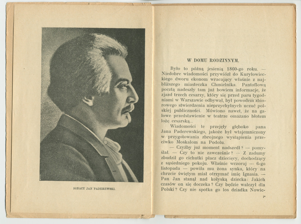 «Ignacy J. Paderewski» – Biographie en polonais à destination des écoliers rédigée par Henryk Opienski, parue à Lwów en 1933 sous la forme d'une petite brochure de 36 pages