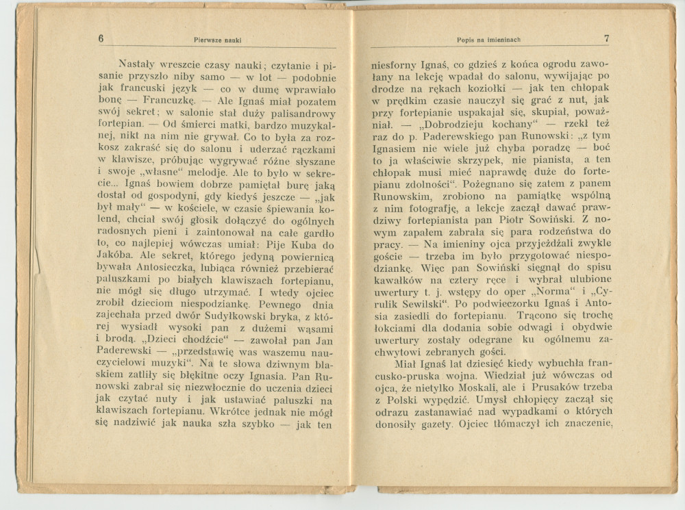 «Ignacy J. Paderewski» – Biographie en polonais à destination des écoliers rédigée par Henryk Opienski, parue à Lwów en 1933 sous la forme d'une petite brochure de 36 pages